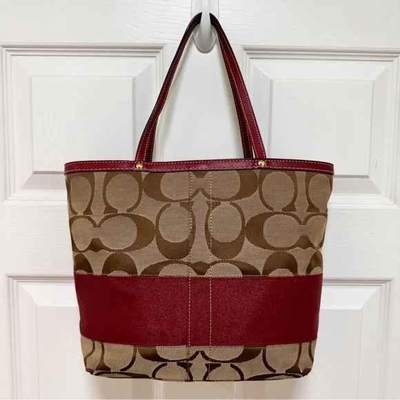 Coach Signature Jacquard Burgundy Sripe Tote With Leather Trim Y2K - Picture 5 of 12